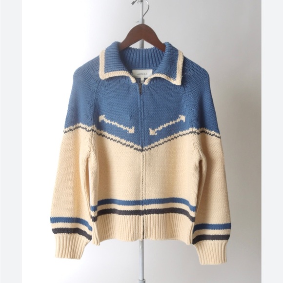 THE GREAT. The Ranch Cardigan in Cream with Denim / Blue Jean - Picture 5 of 8